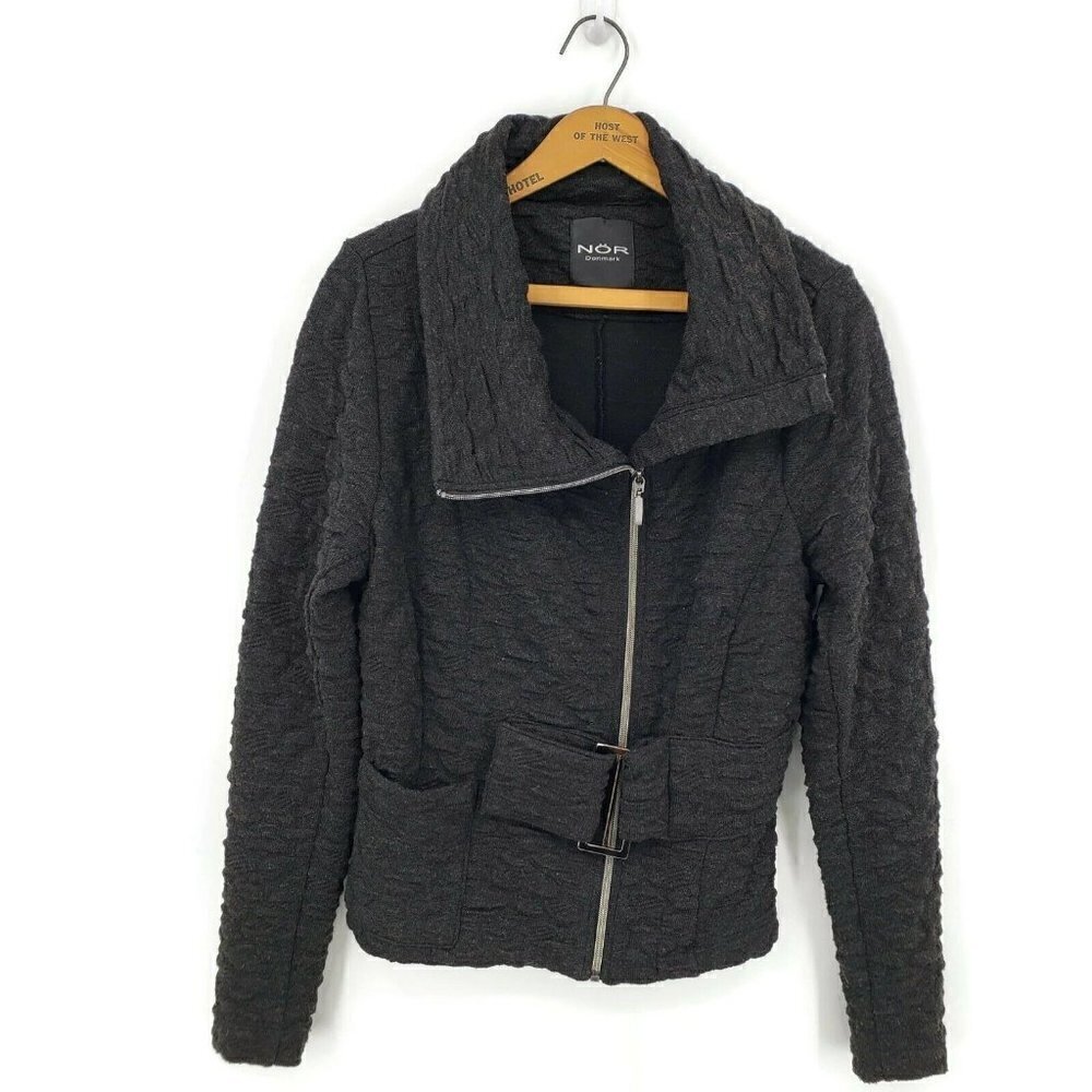 Nor Denmark Jacket Womens 2/Medium Gray Zip Front Belted
